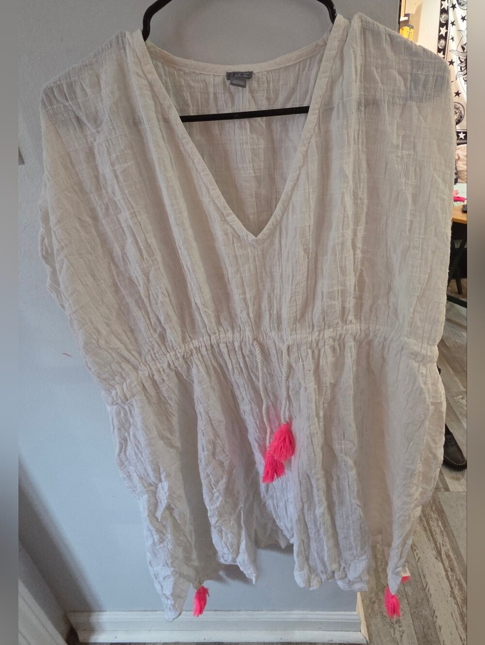 aerie Cream Cotton Gauze Swim Coverup with Pink Tassels